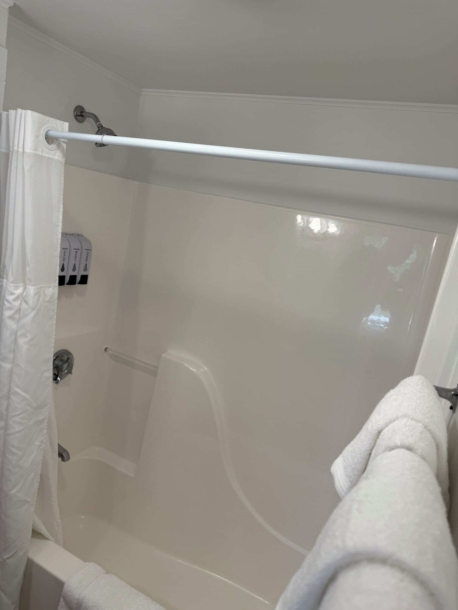 Ein Badezimmer mit einer Badewanne, einer Dusche und einem Handtuchhalter.
