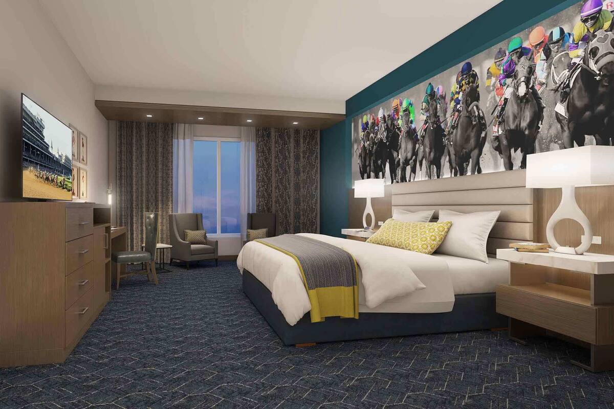 A hotel room with a large bed, a desk, a chair, a TV, and a wall with a horse racing mural.