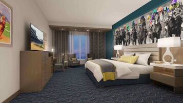 Habitación de hotel con una cama grande, un escritorio, una silla, un televisor y una pared con un mural de carreras de caballos.