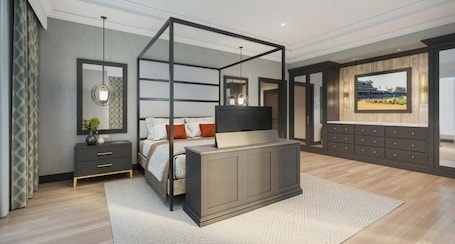 A modern bedroom with a four-poster bed, a nightstand, a dresser, and a large window with a view of a building.. Derby City Gaming & Hotel - A Churchill Downs Property