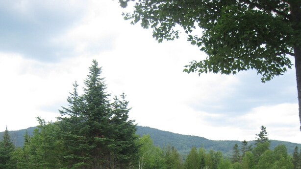 A round wooden table with wicker chairs on a deck, set for a meal with a bottle of Matua wine, plates, and glasses. - Welcome to Valhalla (Rangeley)