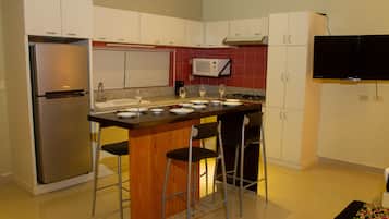 Family Studio Suite | Private kitchen | Full-size fridge, dishwasher, cookware/dishes/utensils