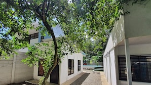 A courtyard with a tree, gravel path, and white buildings with windows and doors. - Casa BRUJA (Cahuita)