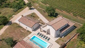 Vue aérienne d’une propriété dotée d’une piscine, de deux bâtiments aux toits recouverts de tuiles et d’un vignoble en arrière-plan.