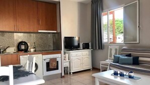 Un espace de vie compact comprenant un coin cuisine, un coin repas et un espace détente avec un canapé et un téléviseur.