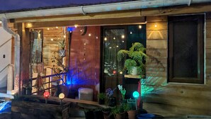 A wooden house with a porch decorated with plants and string lights.
