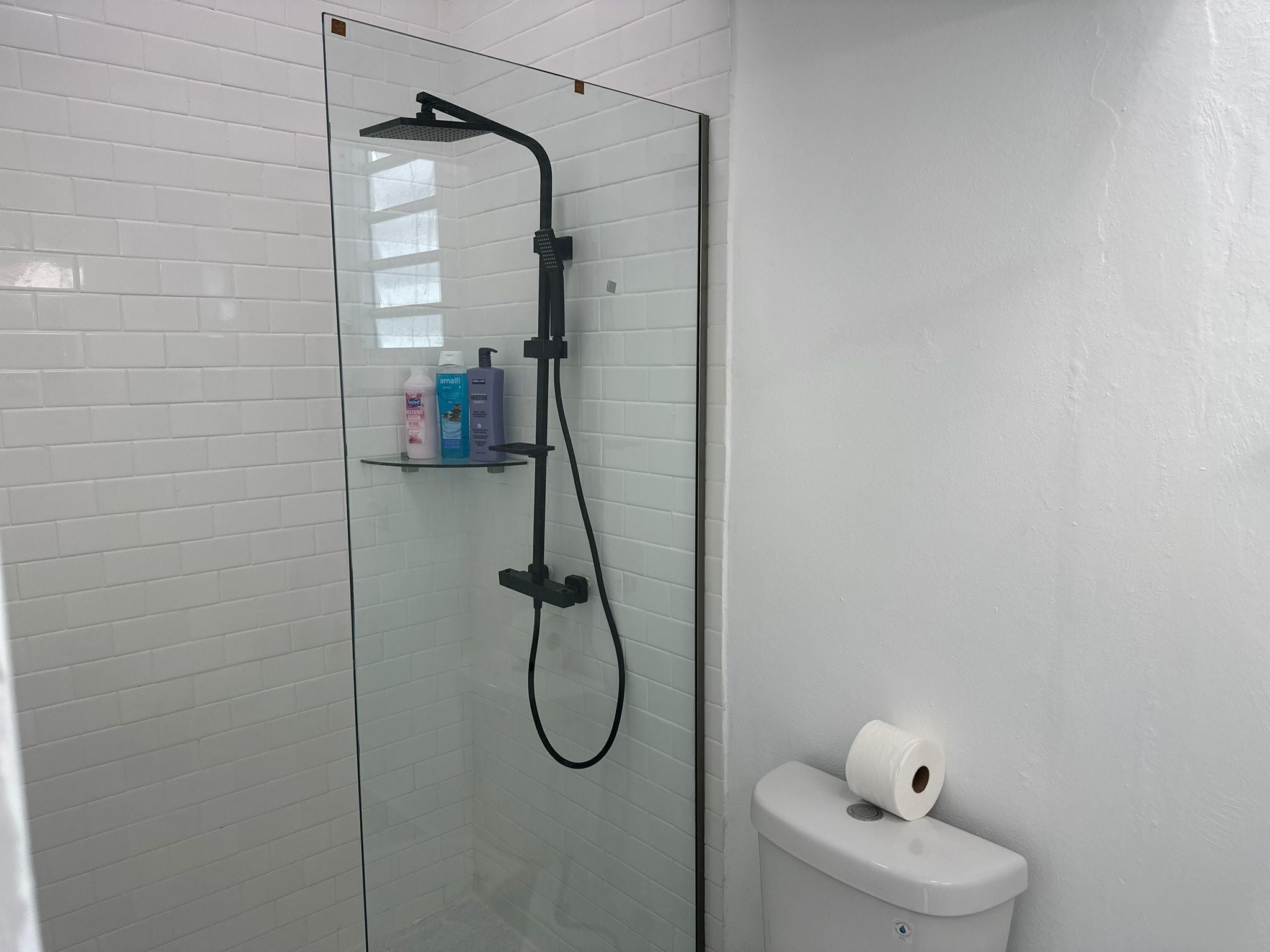 A modern bathroom with a glass-enclosed shower, a toilet, and a shelf with toiletries.