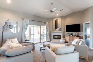 Smart TV, fireplace, table tennis, books