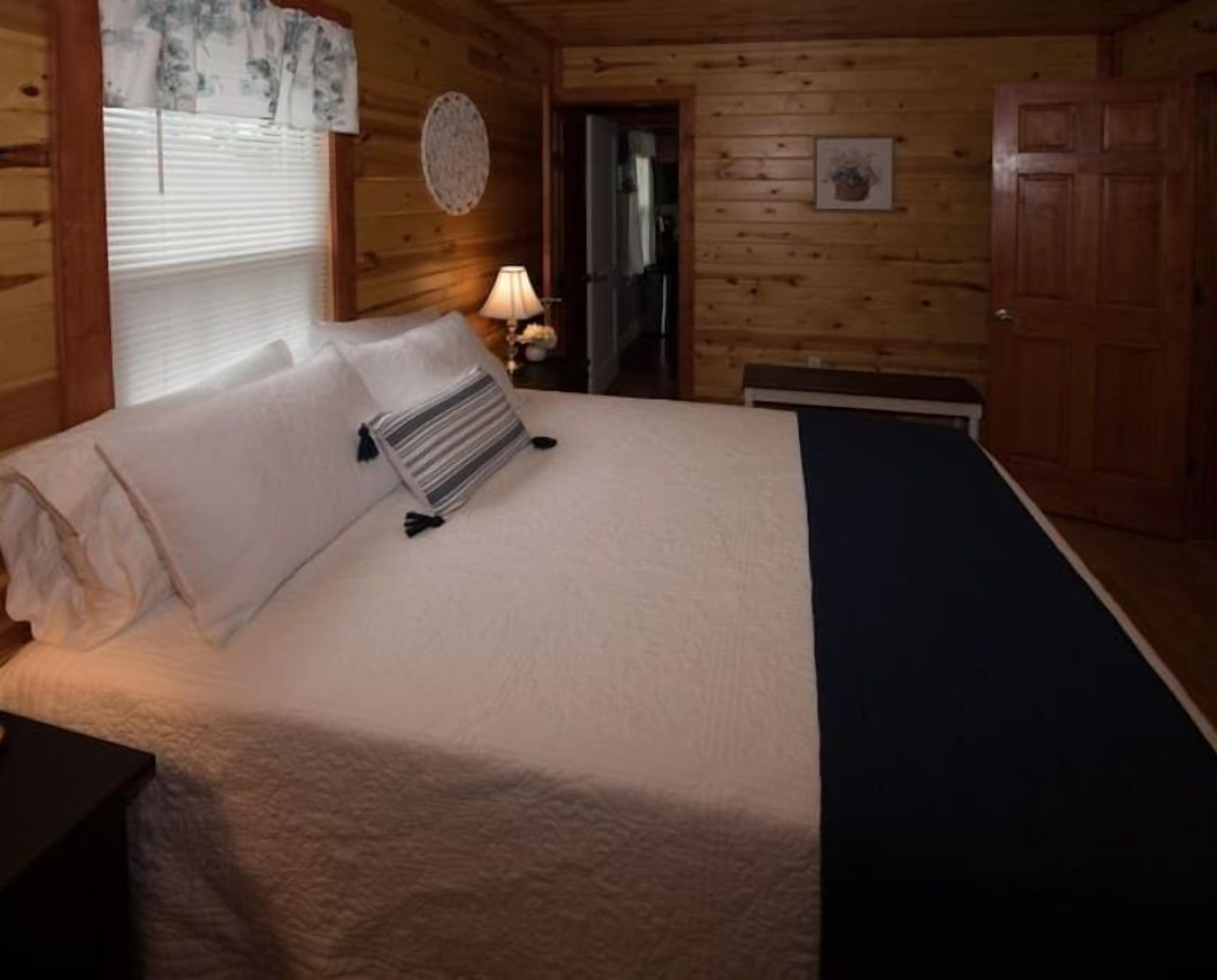 Ein Zimmer einer Holzhütte mit einem Bett, einem Nachttisch, einer Lampe und einer Tür.