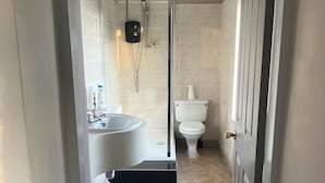 Un baño moderno con cabina de ducha de vidrio, una bañera independiente y un inodoro.