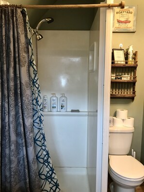 Secadora de cabello, toallas, jabón, papel de baño 
