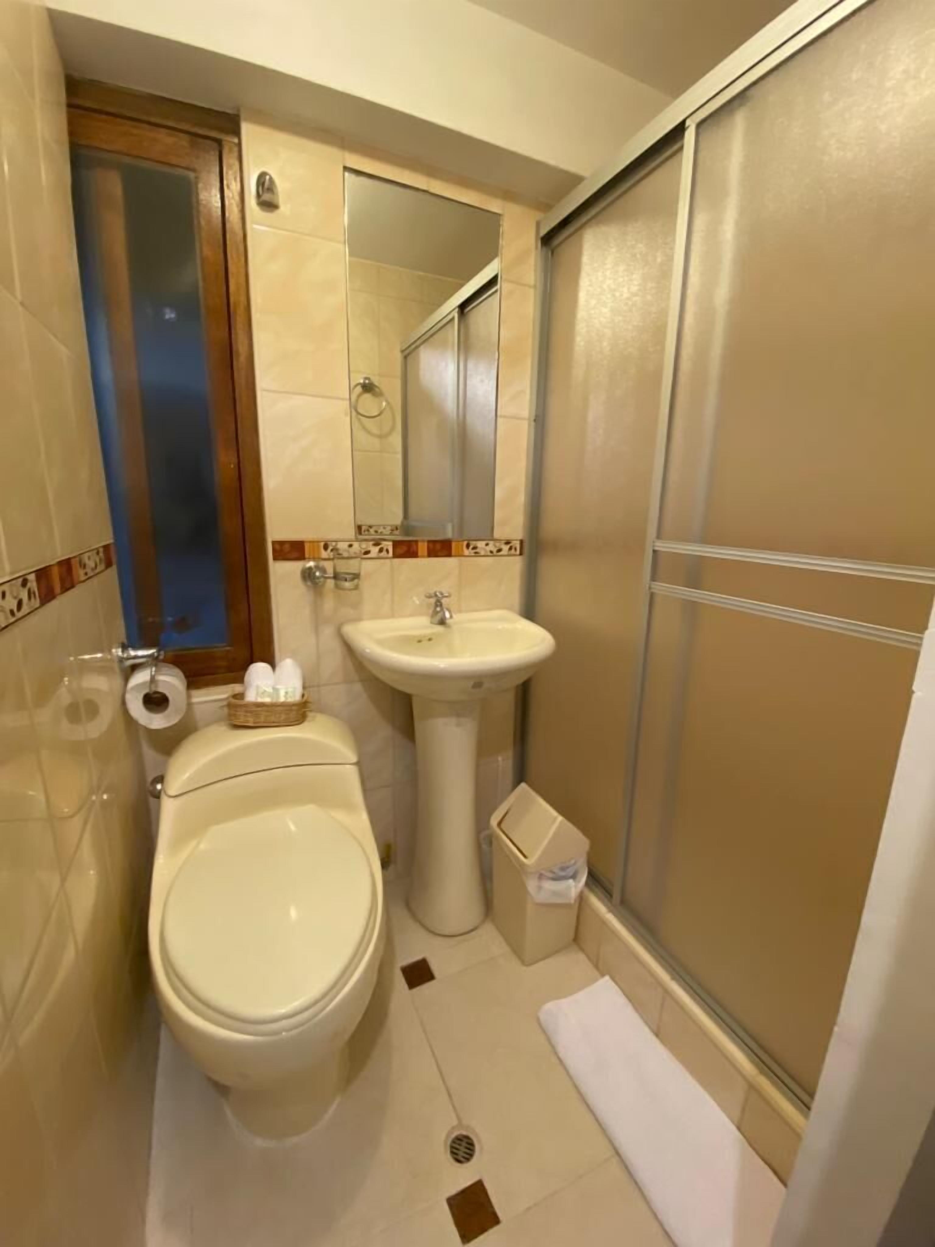 A bathroom with a toilet, sink, and shower.