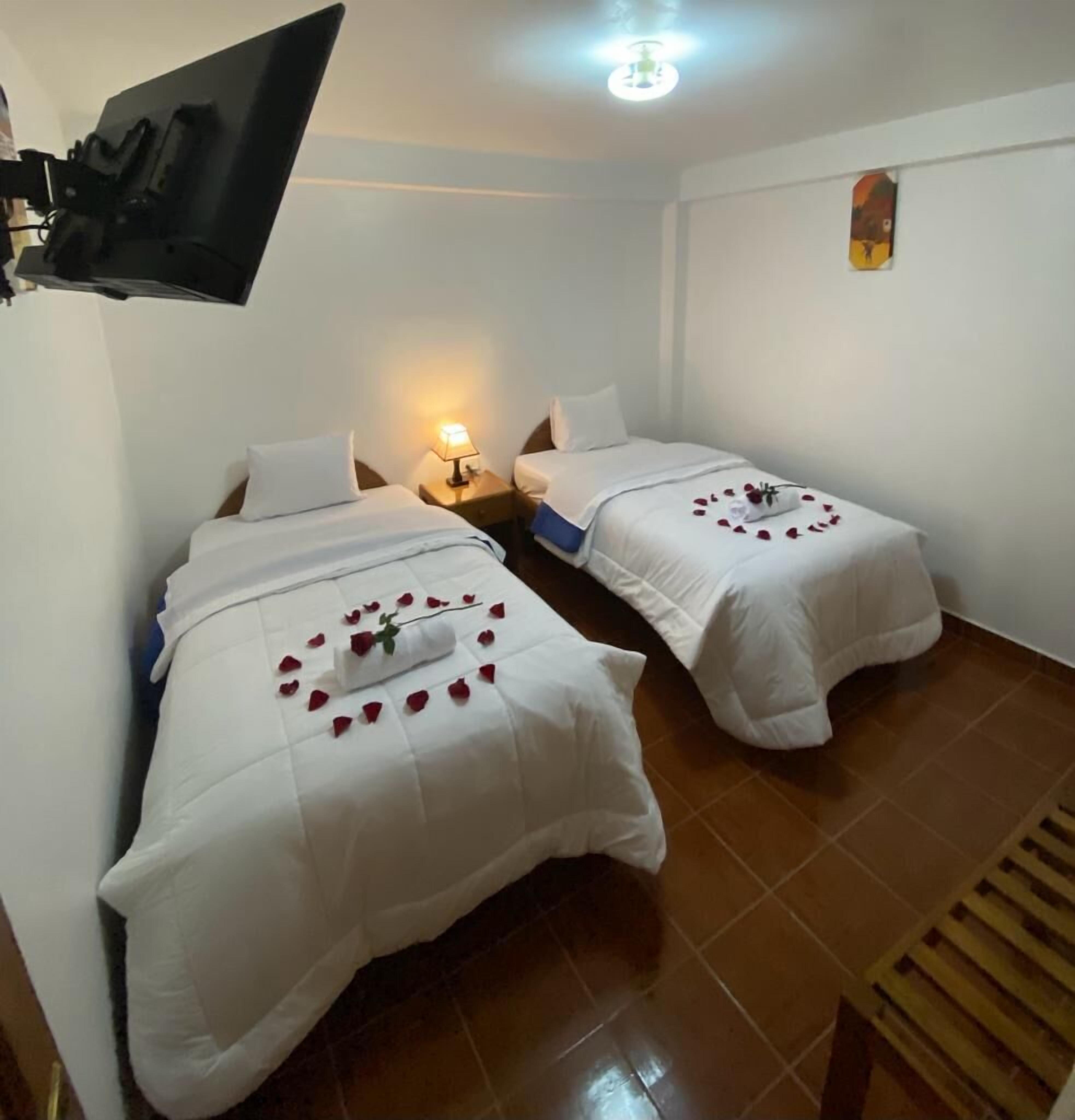 Habitación de hotel con dos camas, cada una con ropa blanca y pétalos de rosa. Hay un televisor montado en la pared, una mesita de noche con una lámpara y un pequeño cuadro en la pared.