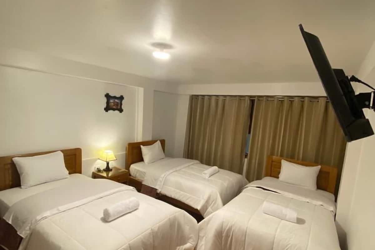 A hotel room with two beds, a nightstand, a lamp, a ceiling light, and a TV mounted on the wall.
