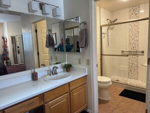 Hair dryer, towels, soap, shampoo