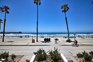 A beach with palm trees, a pier, and people relaxing. - Beach Condo Spectacular Ocean View (Oceanside)