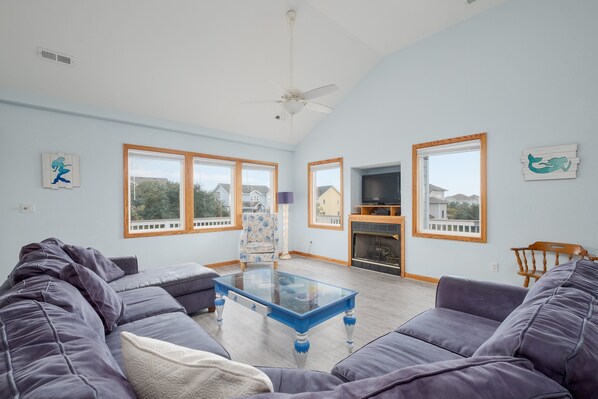 TV, fireplace, DVD player - 1747 - Resting Beach Place, Spacious, Peet Friendly Corolla Rental w/ Private Pool! (Corolla)