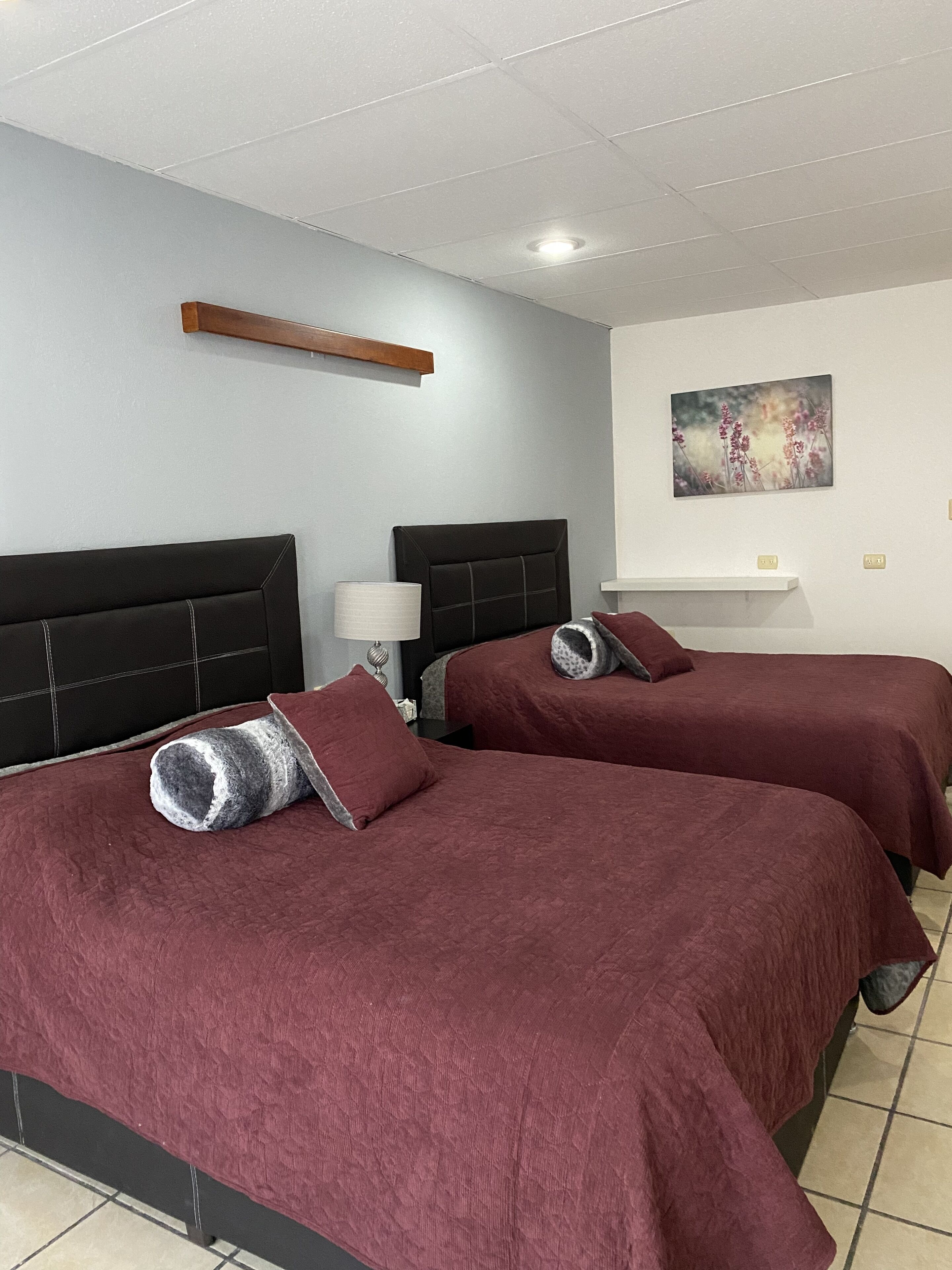 A hotel room with two beds, each with a headboard and a pillow. There is a nightstand with a lamp, a wall-mounted shelf, and a painting on the wall.