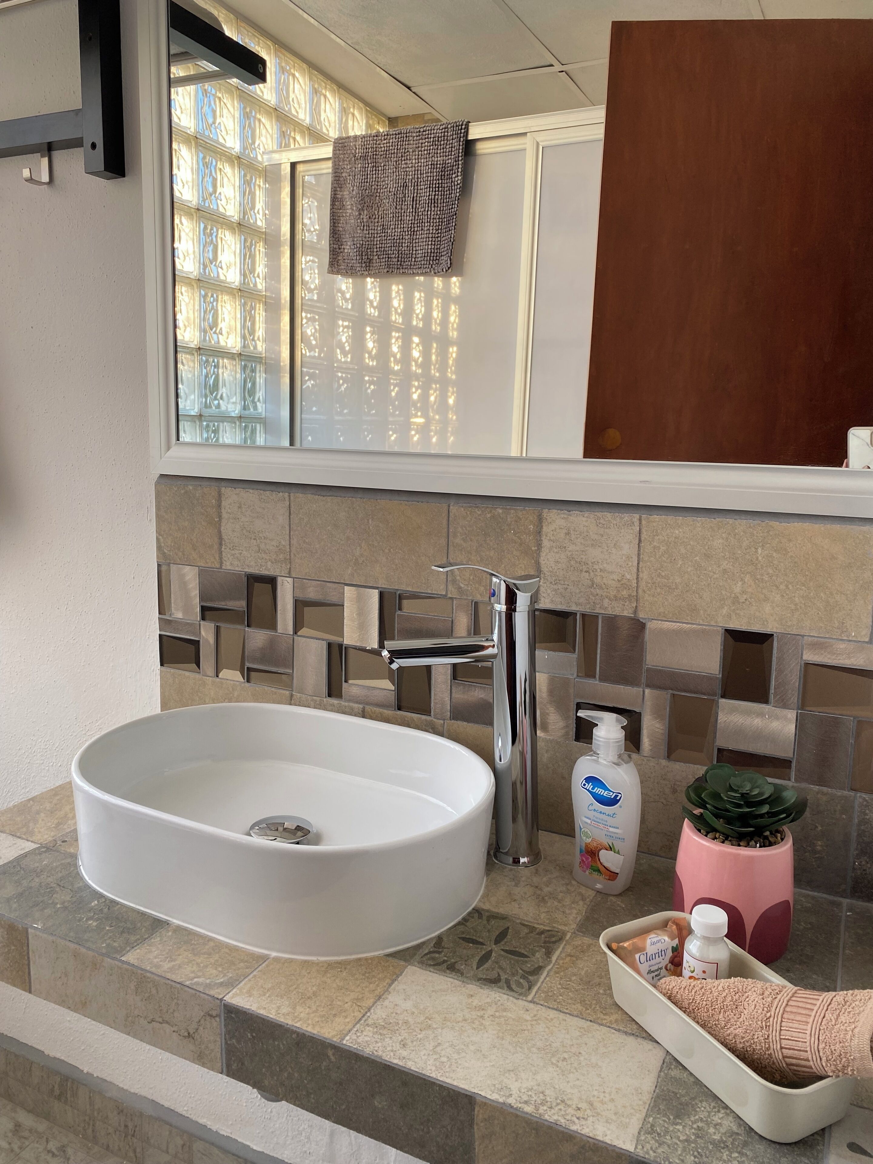 Un baño con un lavabo grande blanco, una llave moderna, una planta en maceta y artículos de tocador sobre el mostrador.