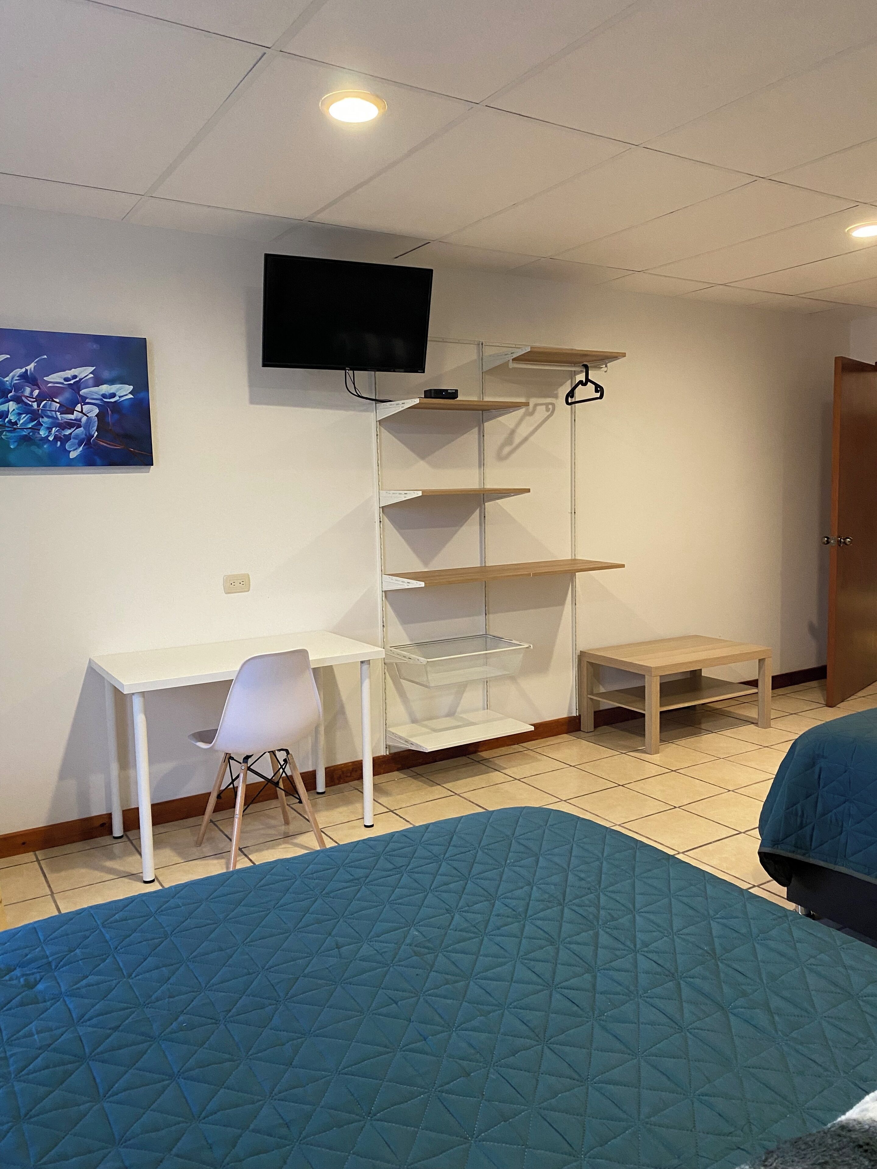 A room with a bed, a desk, a chair, a TV mounted on the wall, and a shelf unit.