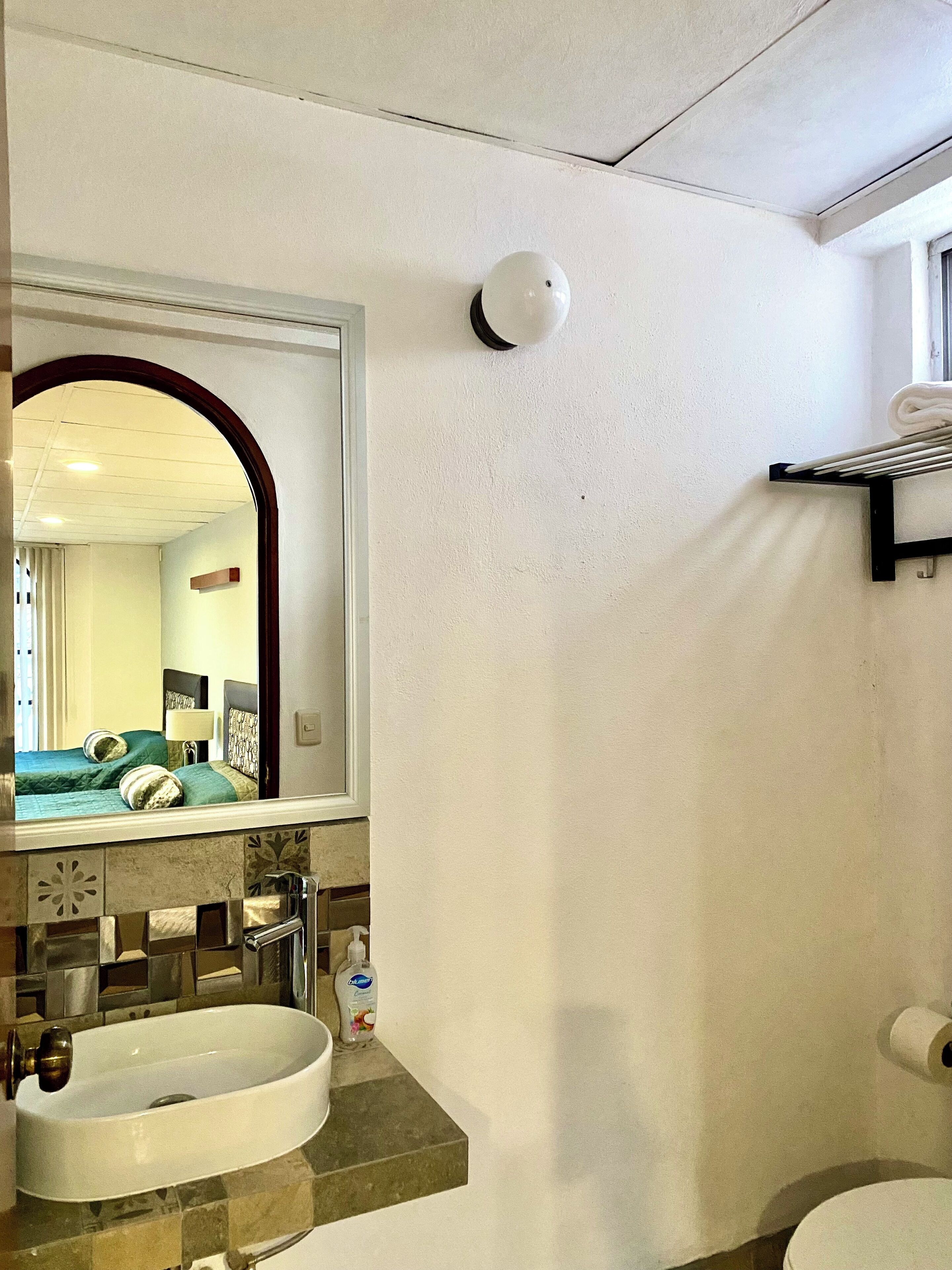 A bathroom with a large mirror, a sink, a toilet, and a towel rack.