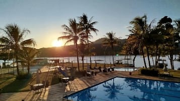 Outdoor pool, pool umbrellas, pool loungers