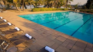 Outdoor pool, pool umbrellas, pool loungers