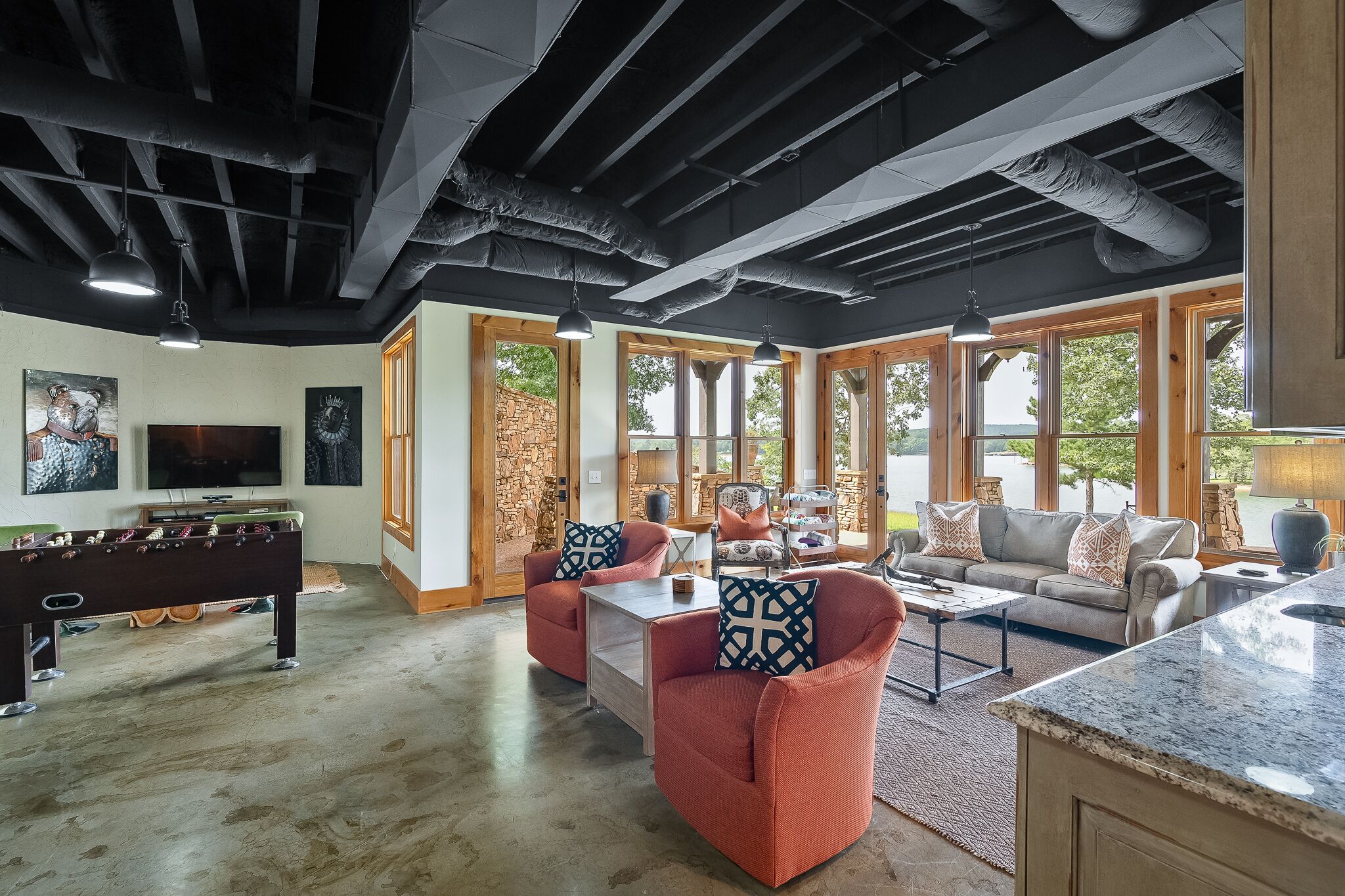 Smart TV, fireplace, video games, DVD player