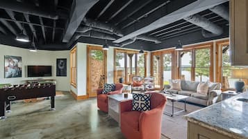 Smart TV, fireplace, video games, DVD player
