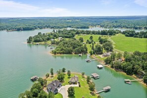 Aerial view - Luxurious French Country Estate on Smith Lake- Flat yard, dock, fiber internet! (Arley)