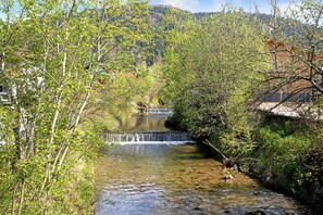 A river flowing through a forested area with a small waterfall, surrounded by trees and a distant building.