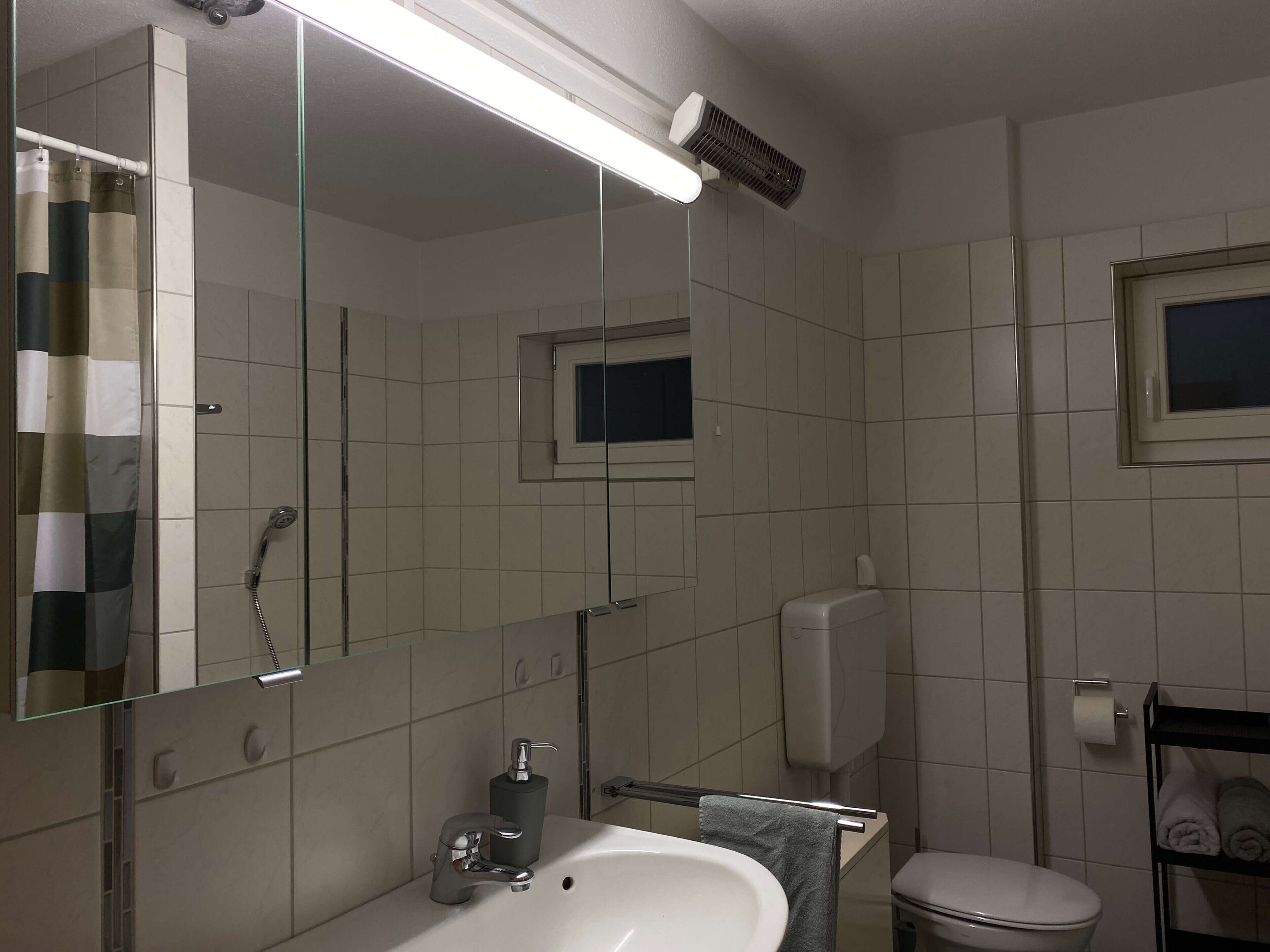 Een badkamer met een witte wastafel, een spiegel, een douche en een toilet.