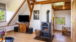 A loft bedroom with a sloped ceiling, wooden beams, a television, a fireplace, and a window with a view of greenery. - Holiday Home 'Forsthof Schulte' with Private Terrace, Private Garden and Wi-Fi (Pronstorf)