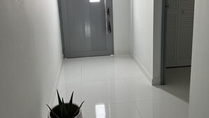 Un corridoio con pavimento piastrellato bianco, una porta grigia con finestra e una pianta in vaso.