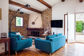 TV, fireplace