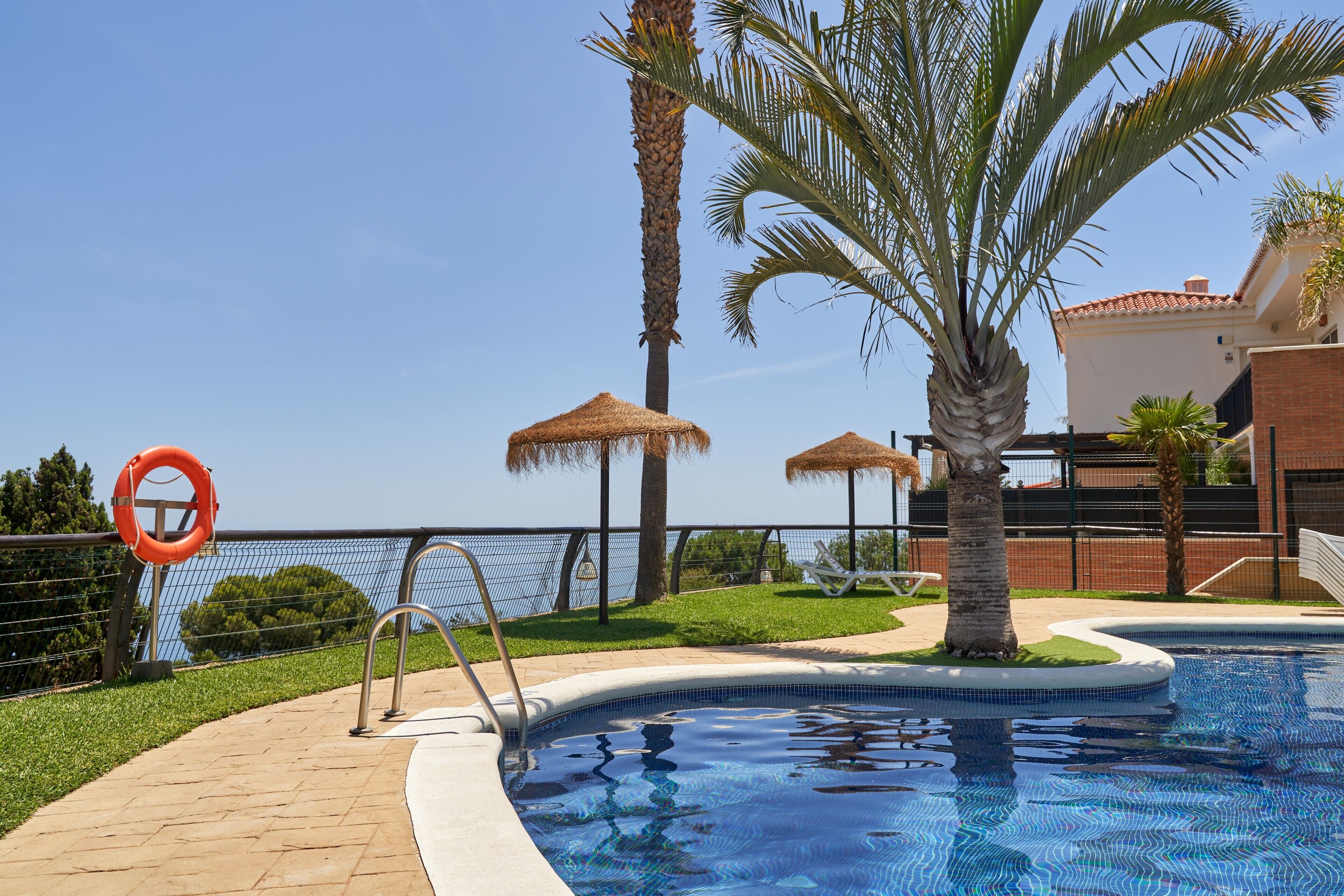 A swimming pool with a lifebuoy, palm trees, and a view of the sea.