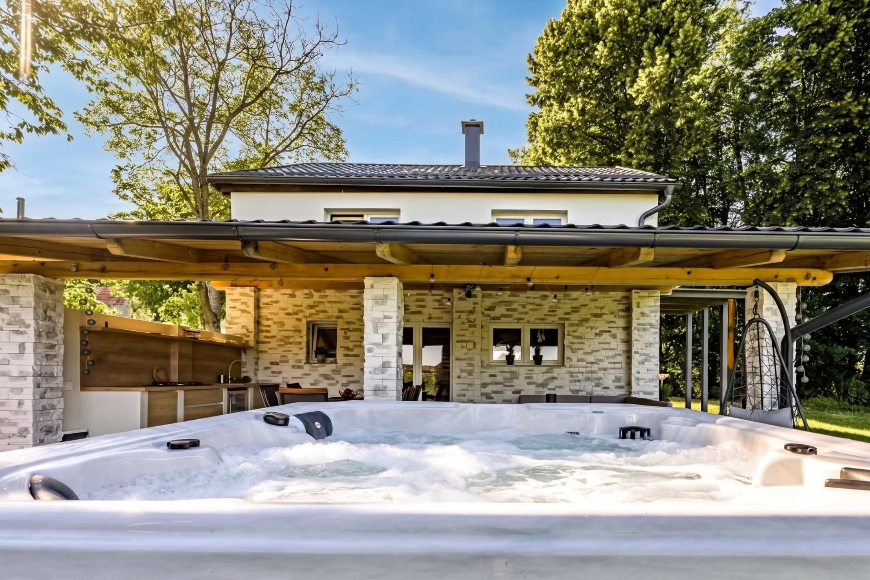 A hot tub with a stone exterior and a covered patio area.
