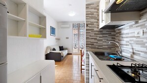 Une cuisine de taille réduite, avec des meubles blancs, une cuisinière à gaz et un évier.