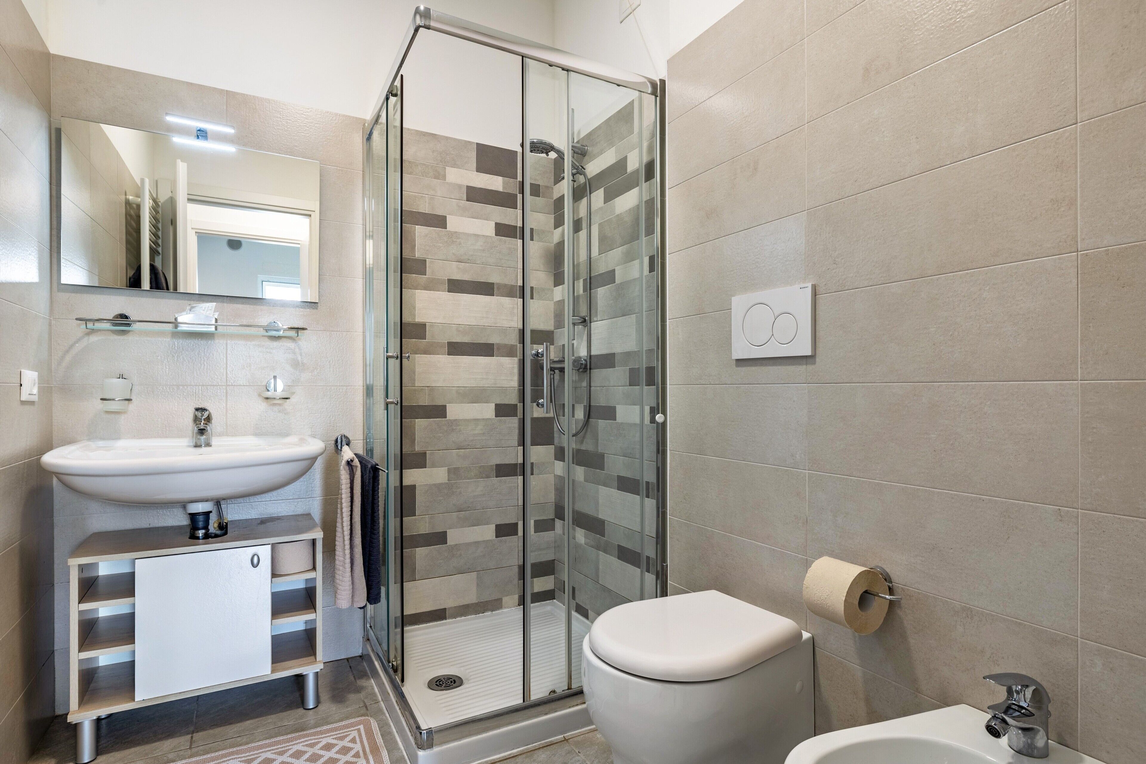 Shower, hair dryer, towels