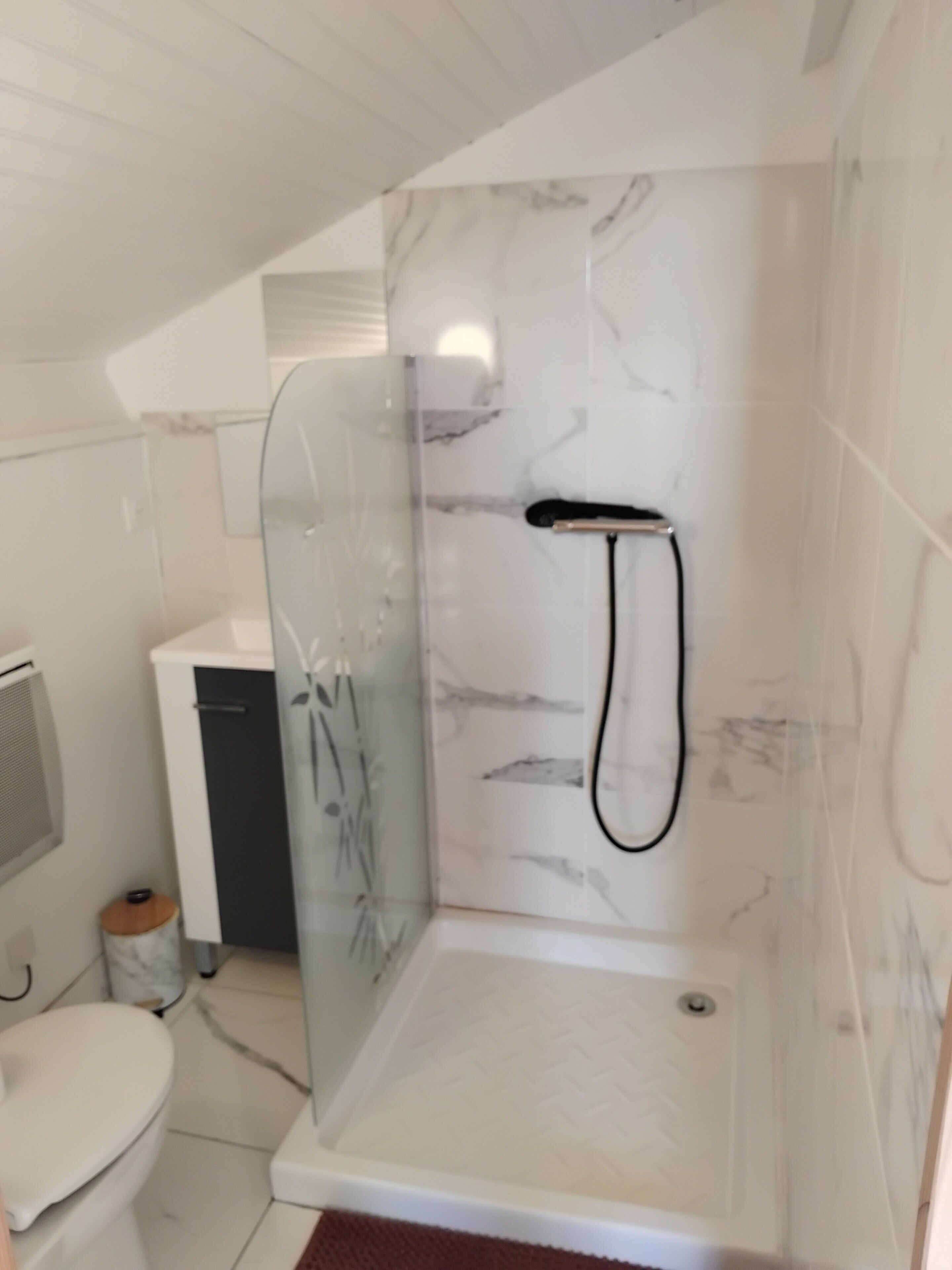 Une douche avec une porte en verre, un pommeau de douche amovible et un mur en marbre.