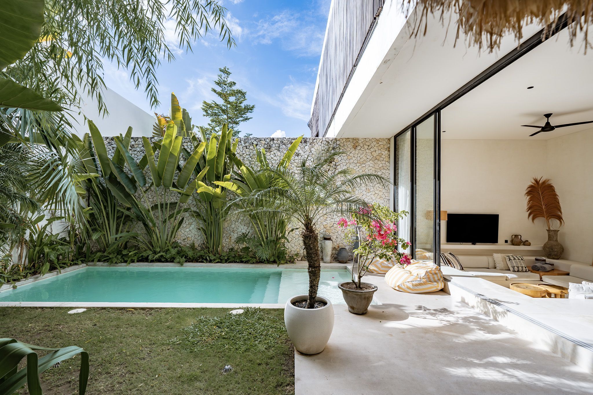 A modern outdoor living area with a pool, potted plants, and a comfortable seating area with a TV.