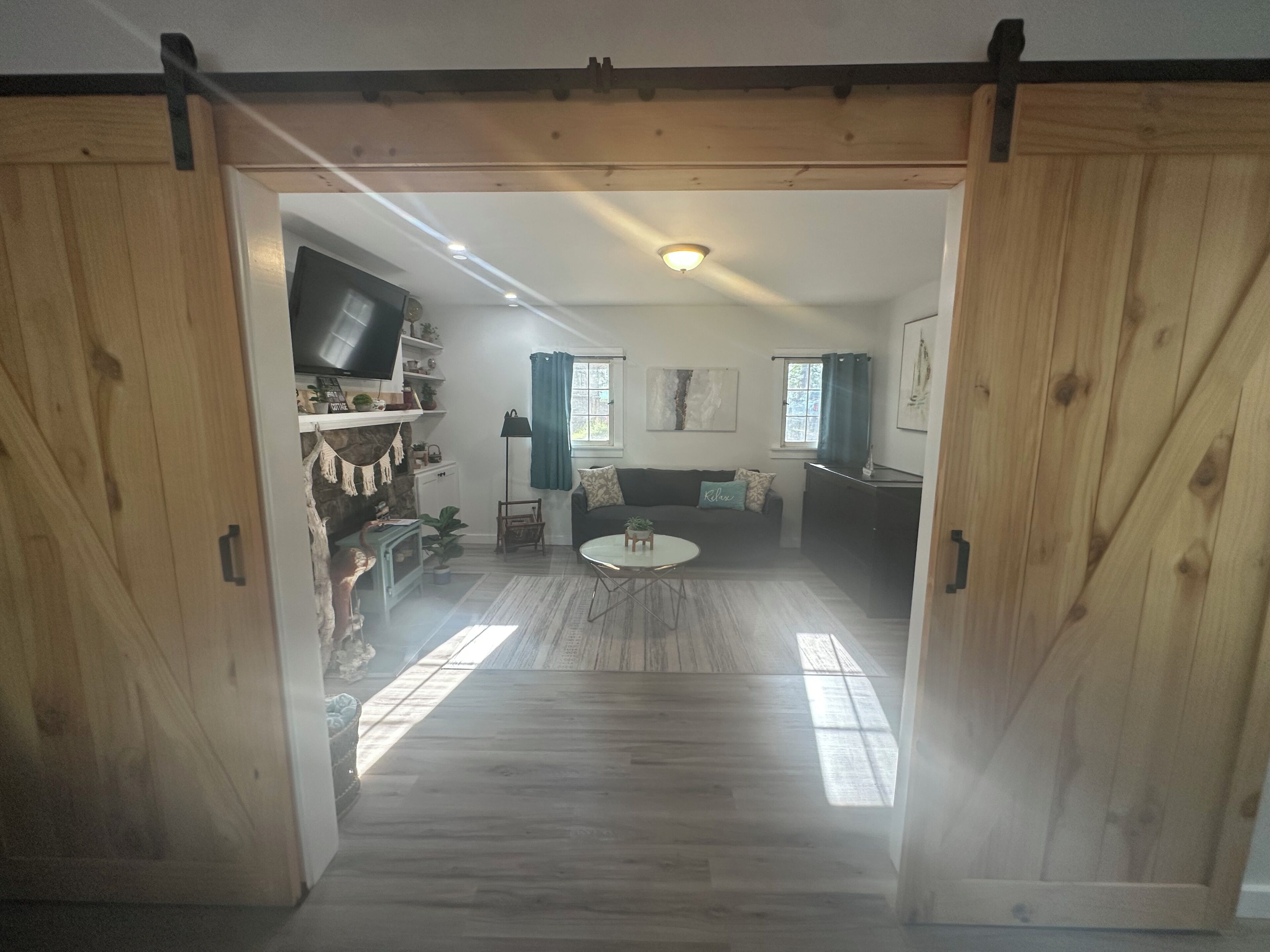 Smart TV, fireplace, DVD player, books