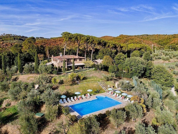 A large house with a swimming pool surrounded by trees.