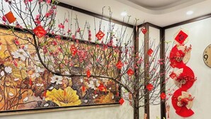 Una sala de estar moderna con un sofá, una mesa de centro y una pared decorativa con un cuadro y adornos rojos.