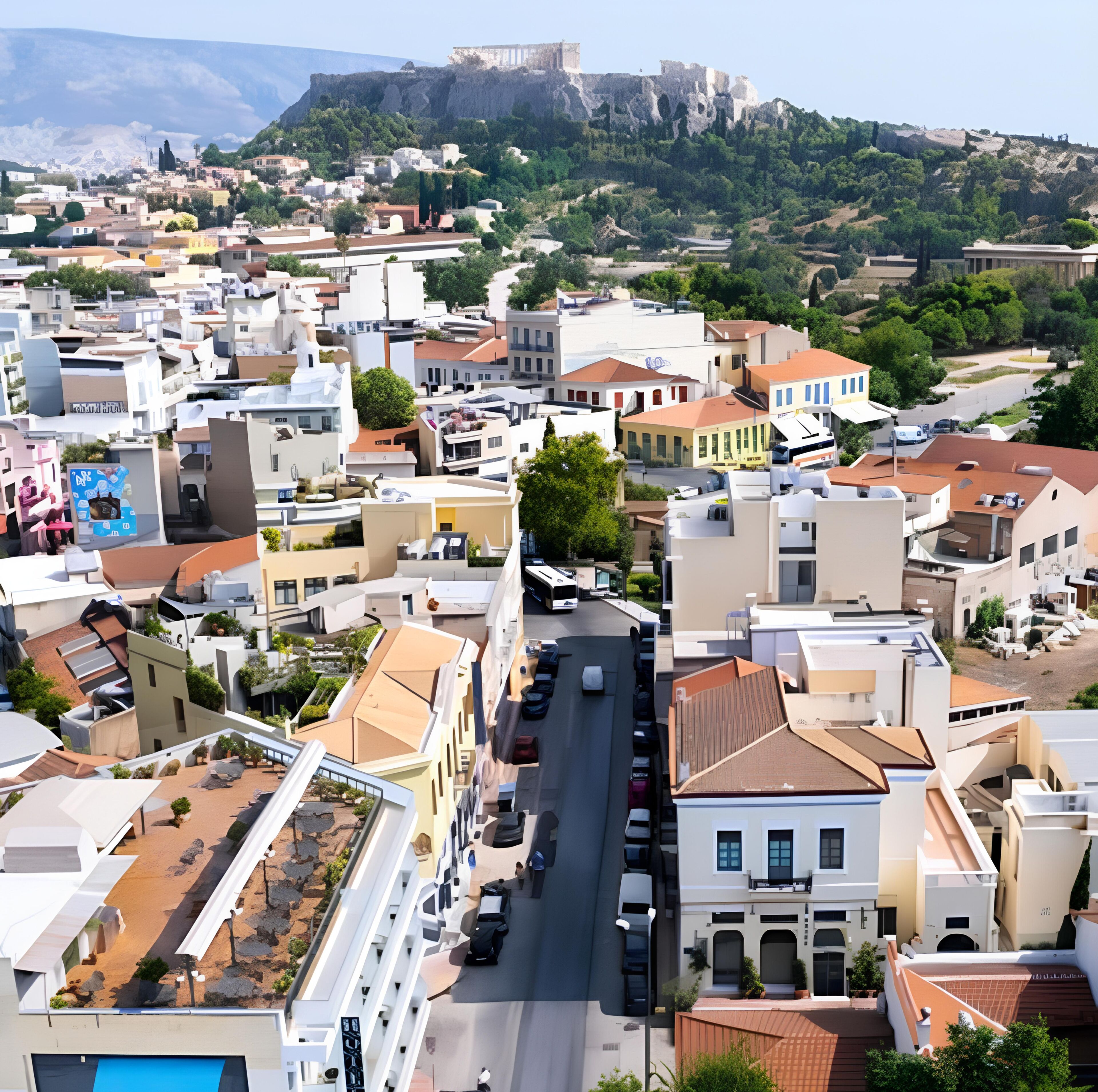 Un paysage urbain avec un château historique imposant perché sur une colline, des bâtiments modernes et une route principale qui le traverse.