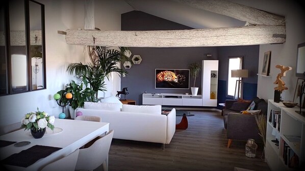 Smart TV, DVD player, books, music library