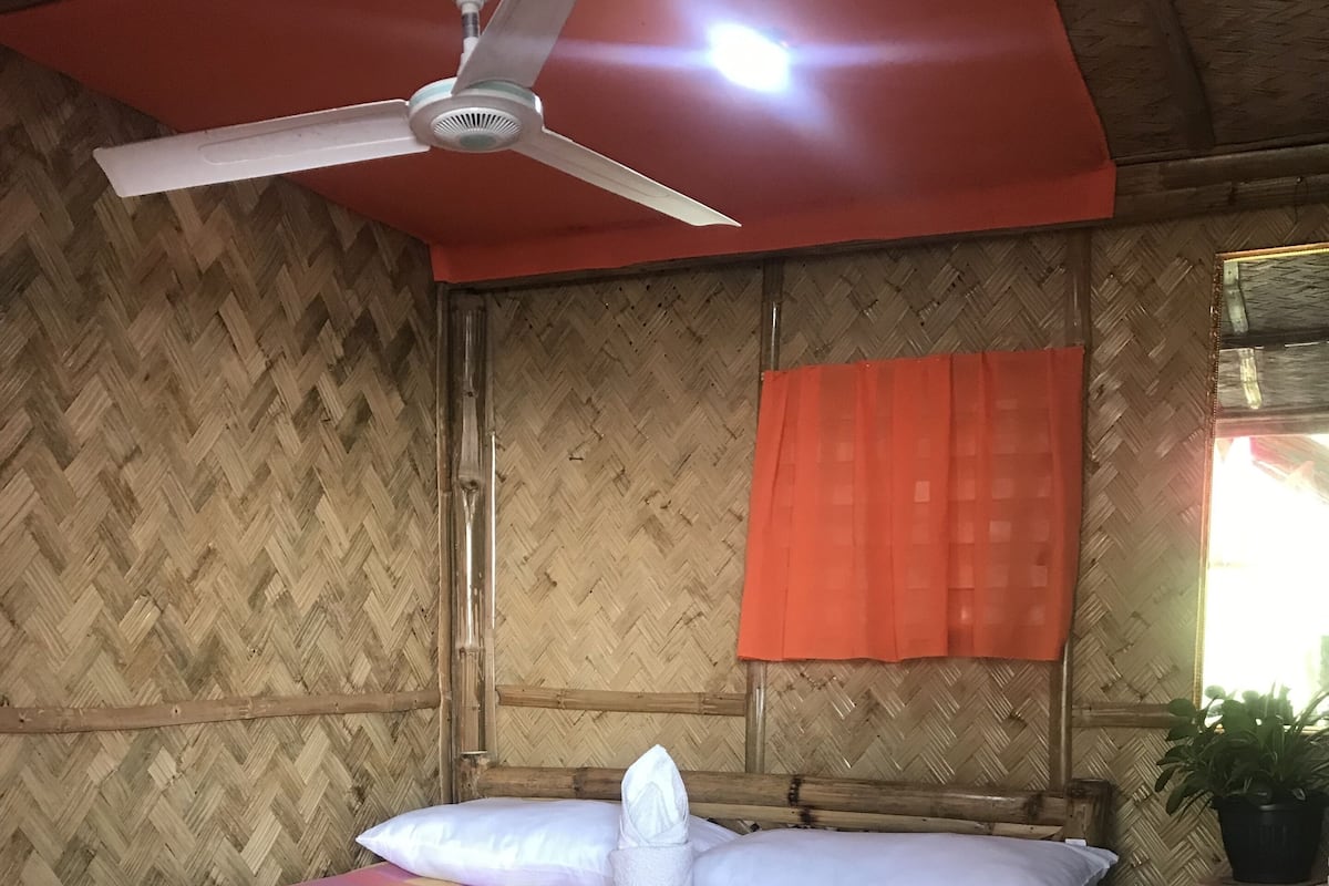 A room with a bed, a ceiling fan, a window with an orange curtain, and a small table with a plant.
