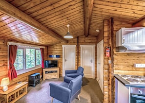 A log cabin interior with a wooden ceiling, a television, a sofa, a fireplace, and a kitchen area.