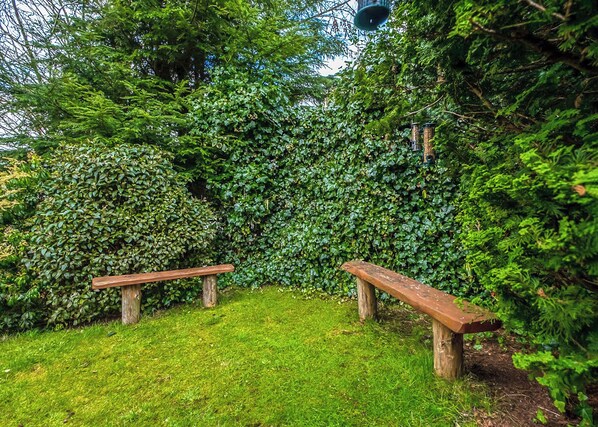 A garden with two wooden benches, lush green foliage, and a hanging light fixture.
