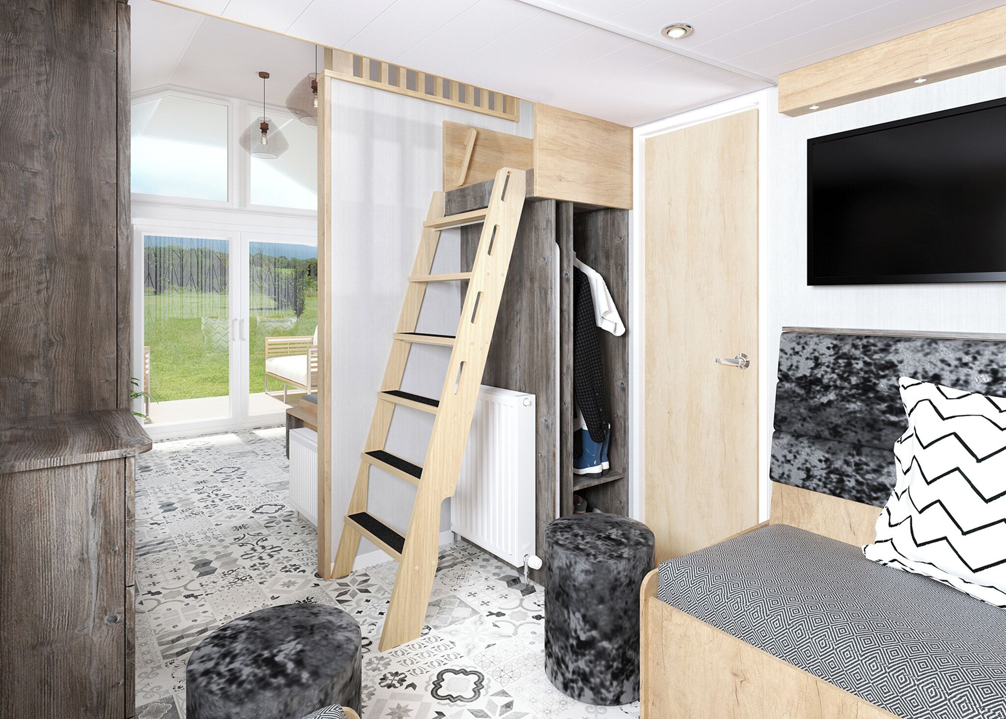 A modern room with a wooden ladder, a bed with patterned bedding, a TV, and a view of the outdoors.